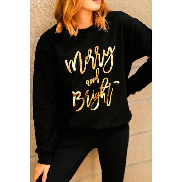 Azura Exchange  Black  Merry & Bright Letter Print Pullover Sweatshirt - Picture 2 of 10